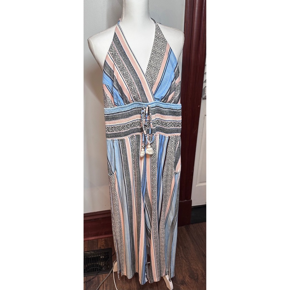 Venus Womens Blue Peach Geometric Stripe Halter Jumpsuit Wide Leg Medium Y91105